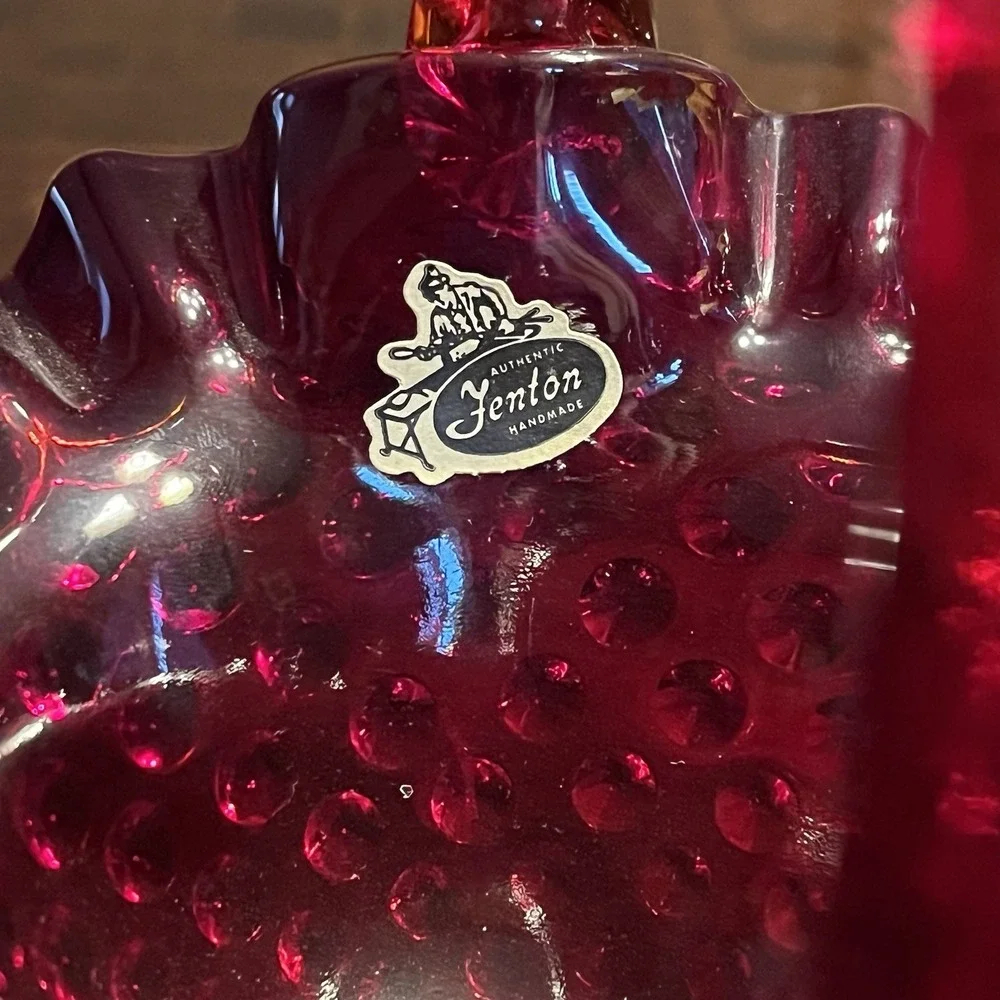 Vintage Fenton Ruby Red Hobnail Glass Basket‎ with Ruffled Edge & Handle TAGS